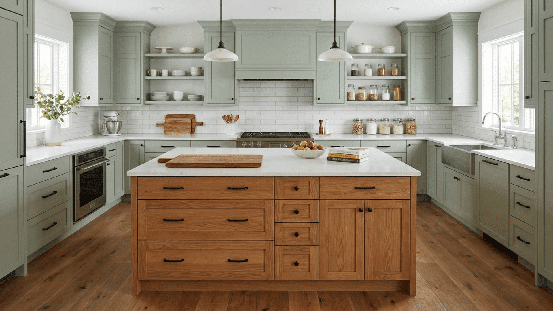 modern kitchen with sage green cabinets white countertops wooden island and open shelves with jars and dishes