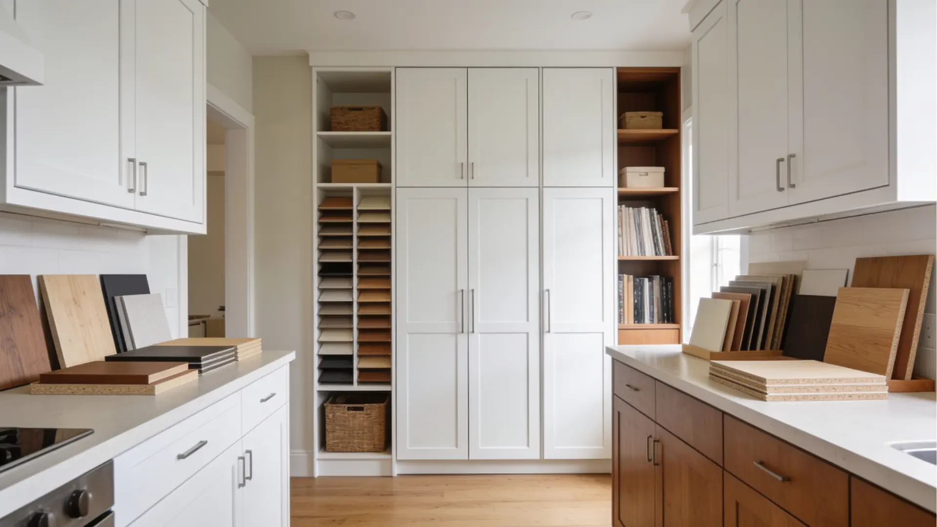 modern kitchen with white and wood cabinets and material samples on counters