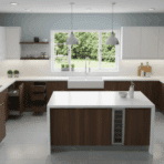 modern kitchen with white countertops and cabinets and dark wood lower cabinets and island with open drawers and a large window over the sink showing green trees outside