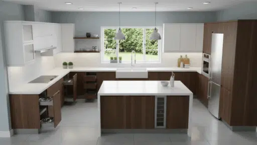 modern kitchen with white countertops and cabinets and dark wood lower cabinets and island with open drawers and a large window over the sink showing green trees outside