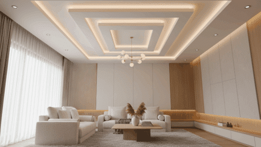 Modern living room with layered false ceiling and soft cove lighting. Neutral color scheme with white, beige, and light wood tones.
