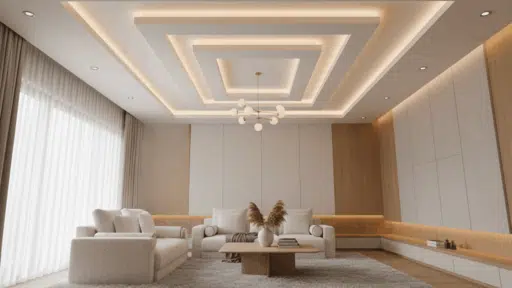 Modern living room with layered false ceiling and soft cove lighting. Neutral color scheme with white, beige, and light wood tones.
