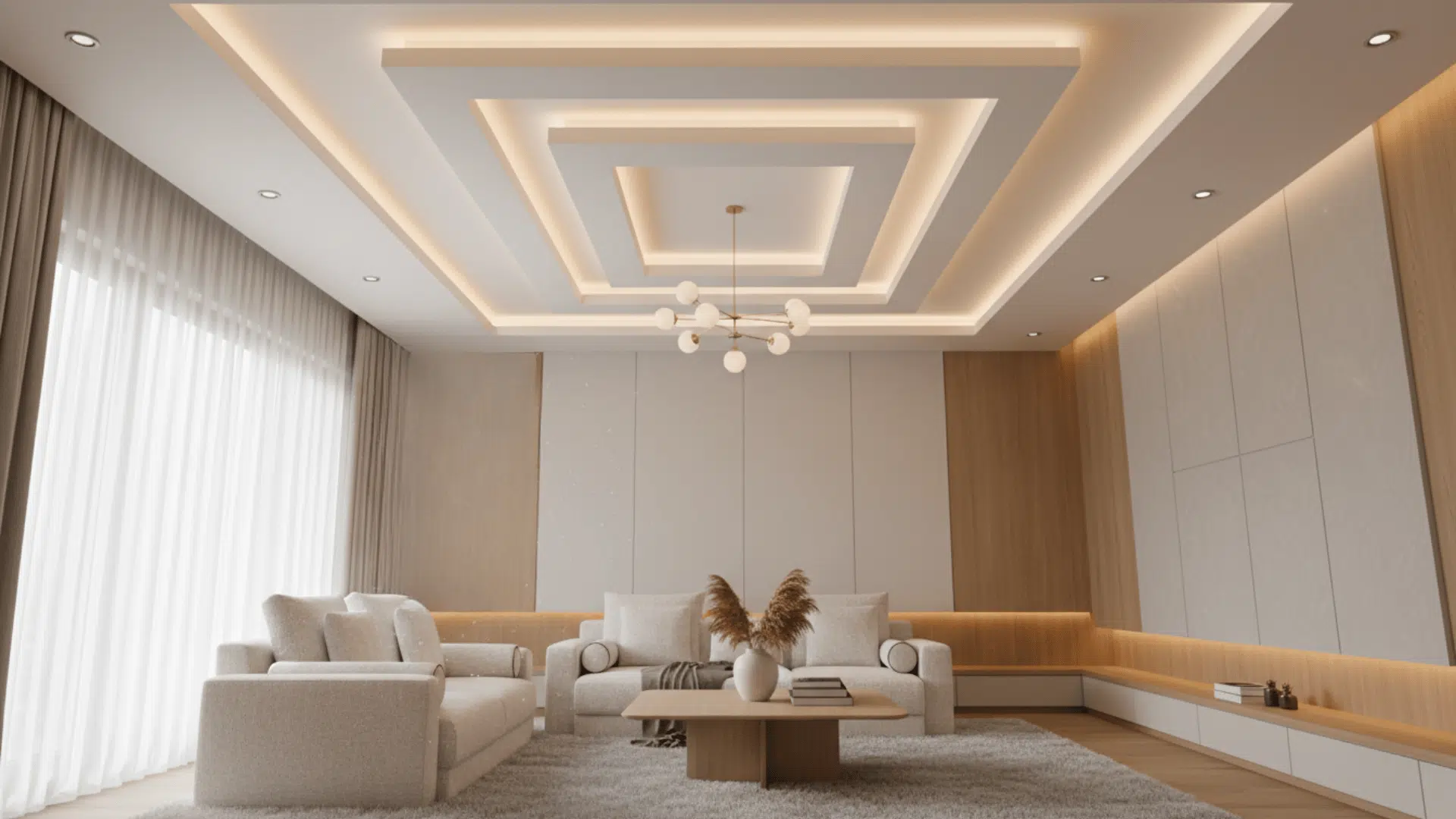 Modern living room with layered false ceiling and soft cove lighting. Neutral color scheme with white, beige, and light wood tones.