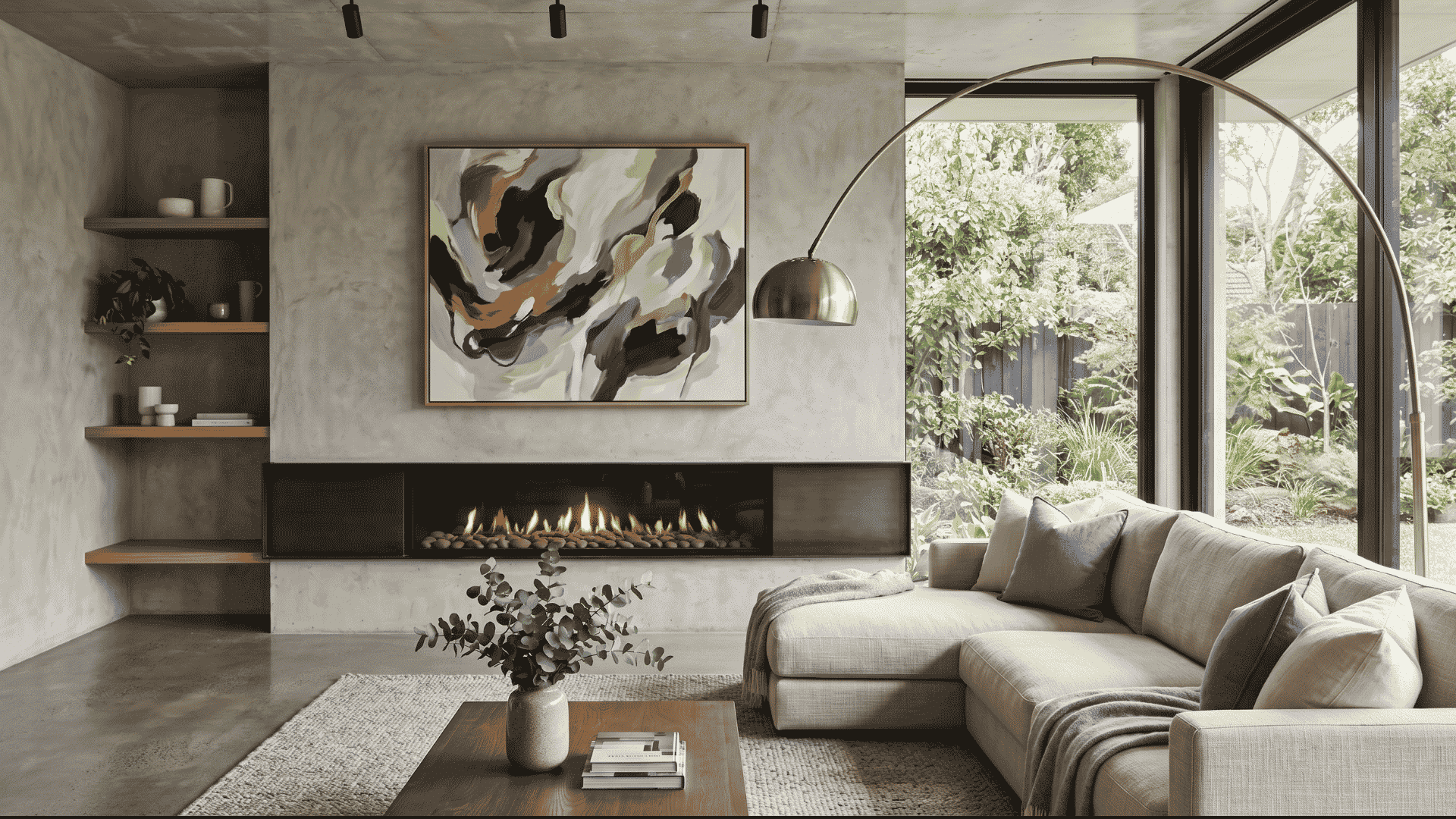 modern living room with linear fireplace neutral sectional sofa abstract wall art and large floor to ceiling windows overlooking a garden