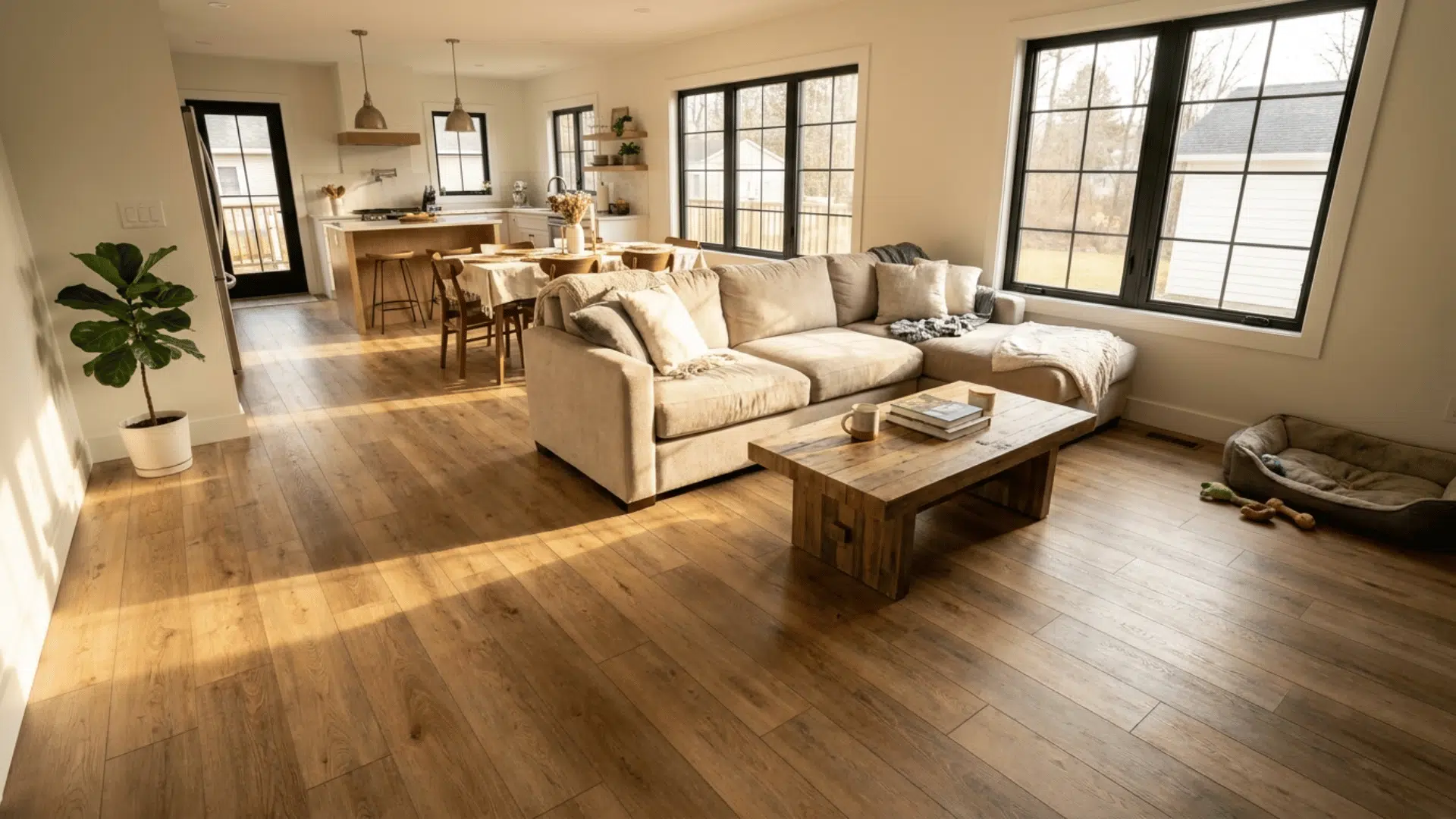 modern living room with realistic wood look spc flooring and natural sunlight