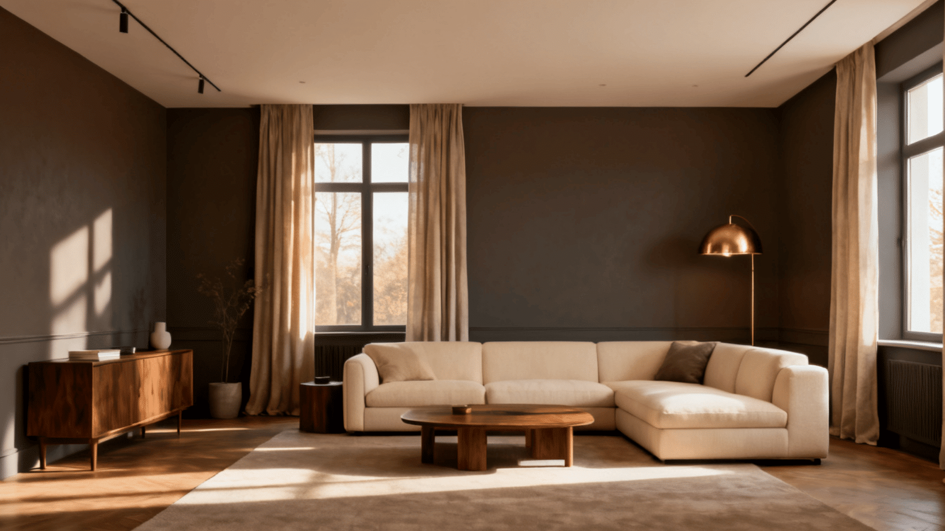 modern living room with silhouette af 655 walls cream sofa walnut furniture and warm brass lighting