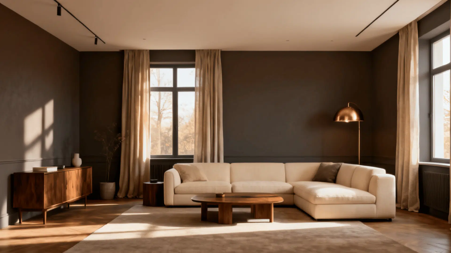 modern living room with silhouette af 655 walls cream sofa walnut furniture and warm brass lighting