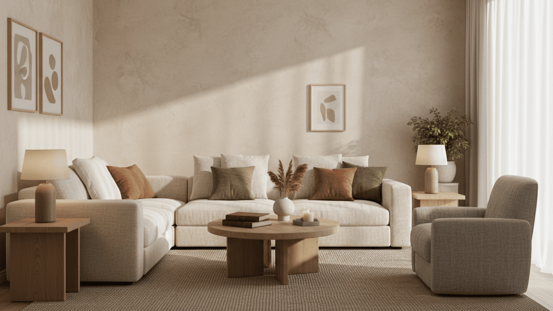 modern living room with soft beige textured walls warm lighting and cozy neutral decor