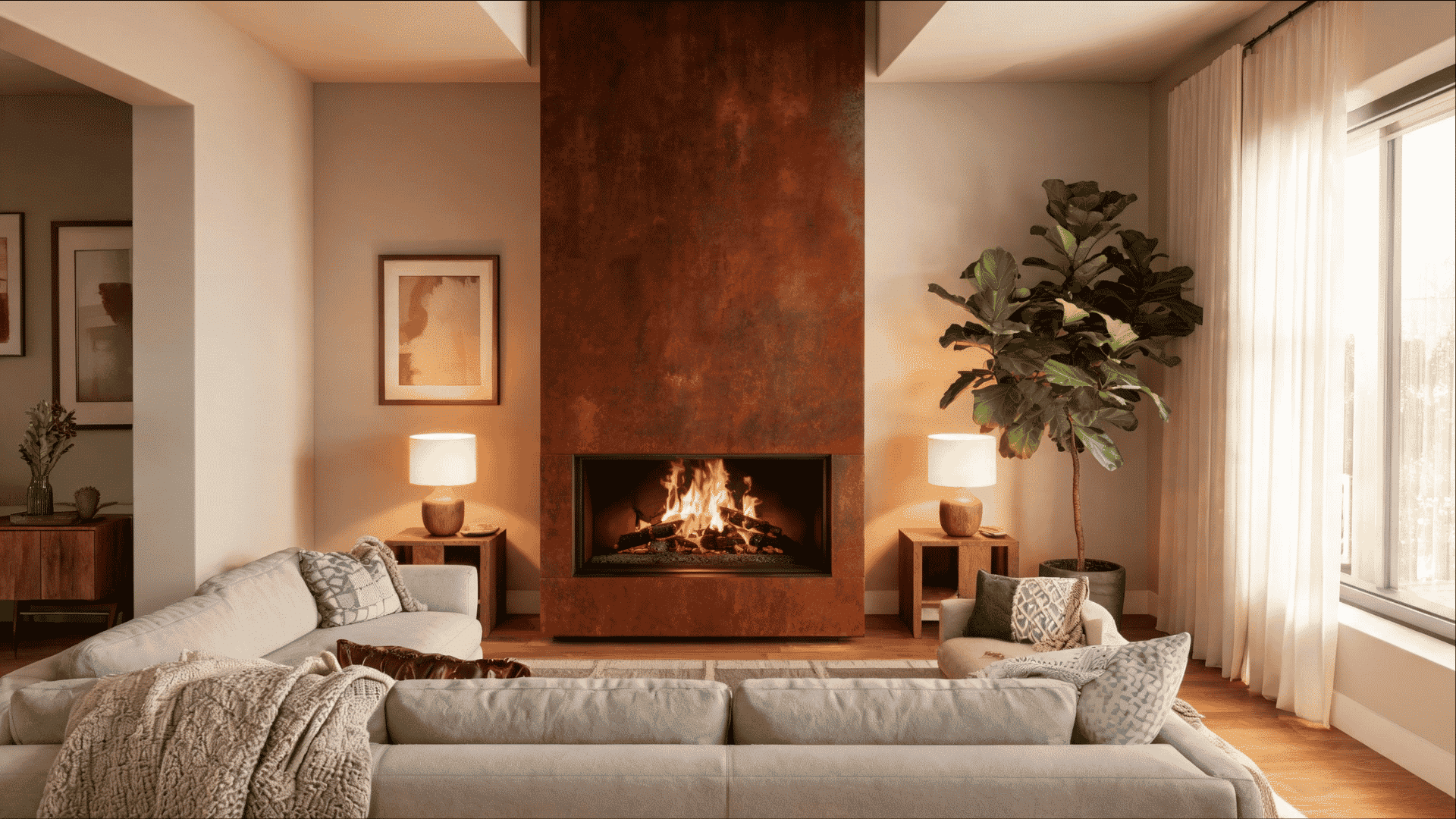 modern living room with tall corten steel fireplace neutral sectional seating warm ambient lighting and large indoor fiddle leaf fig tree