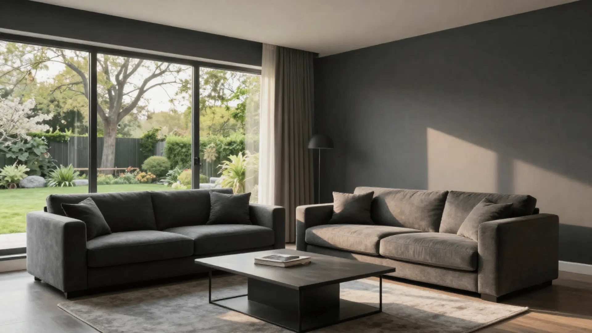 modern living room with two charcoal sofas a dark coffee table and a large window overlooking a lush green garden