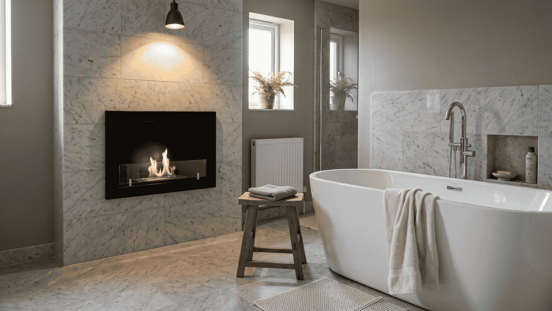 modern marble bathroom with freestanding bathtub and built in fireplace beside a wooden stool and soft neutral decor