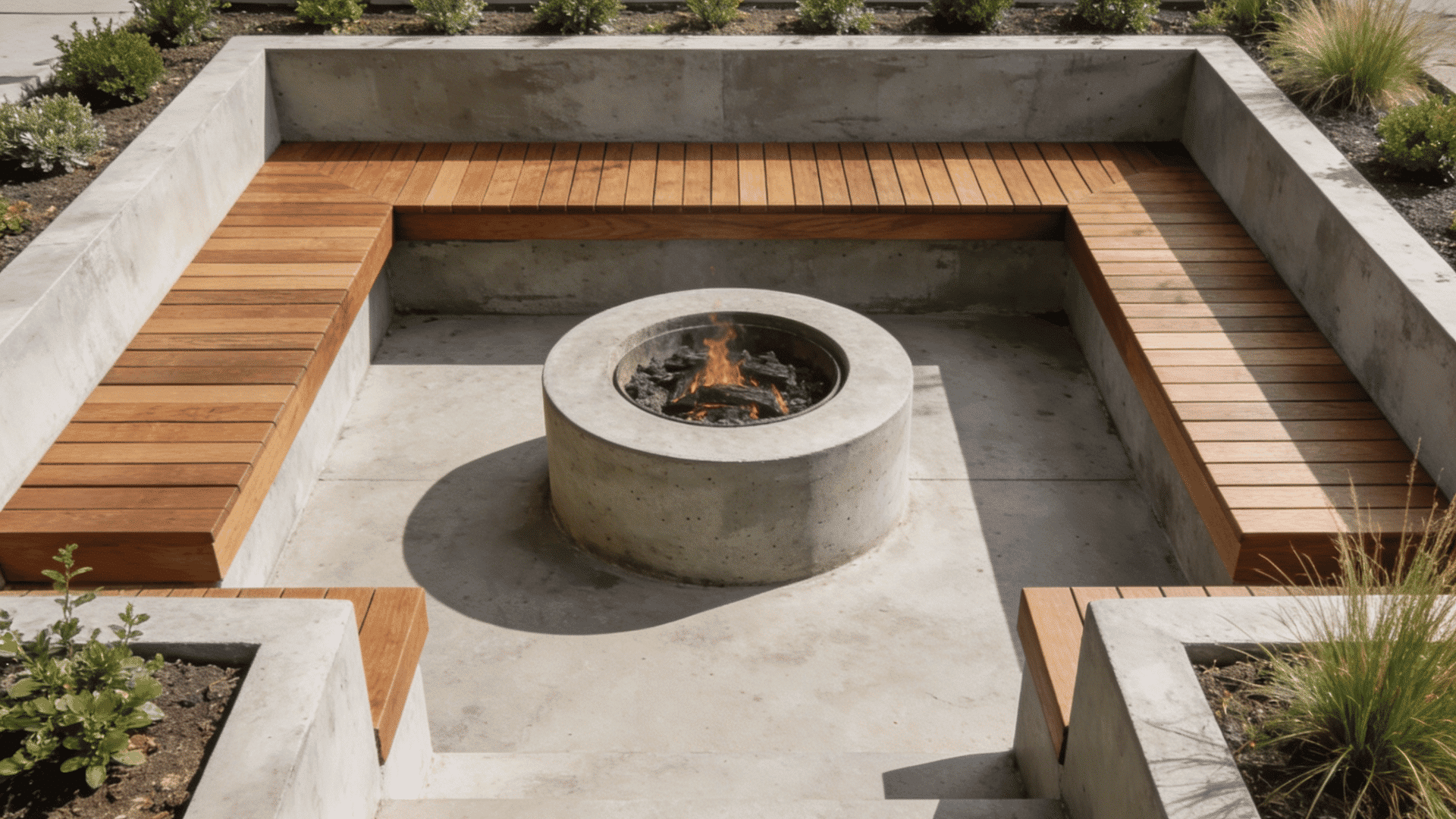 Modern minimal concrete fire pit with built-in wooden bench seating in a sleek backyard.