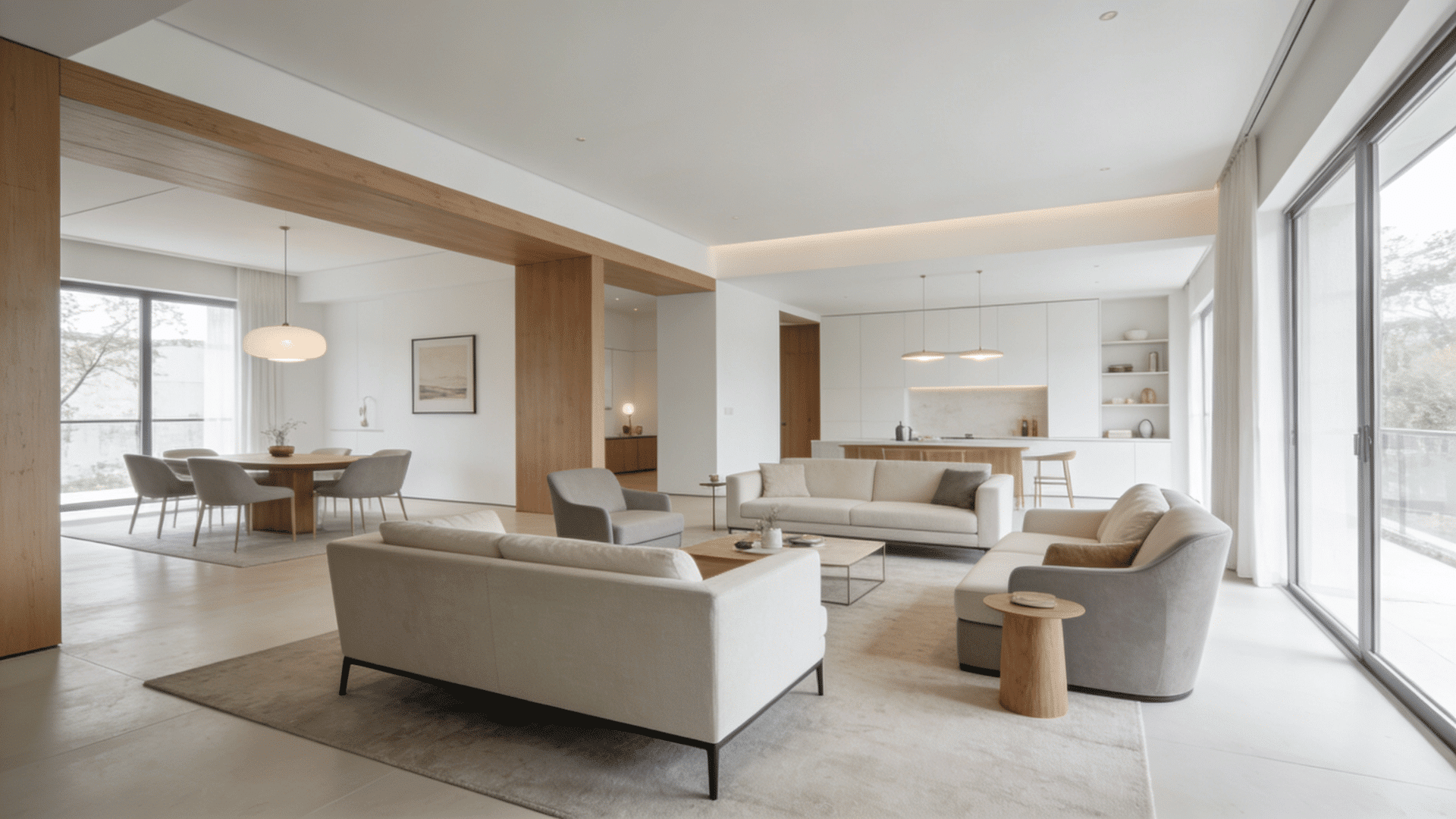 modern open drawing room with clean lines minimal decor streamlined furniture and bright natural light