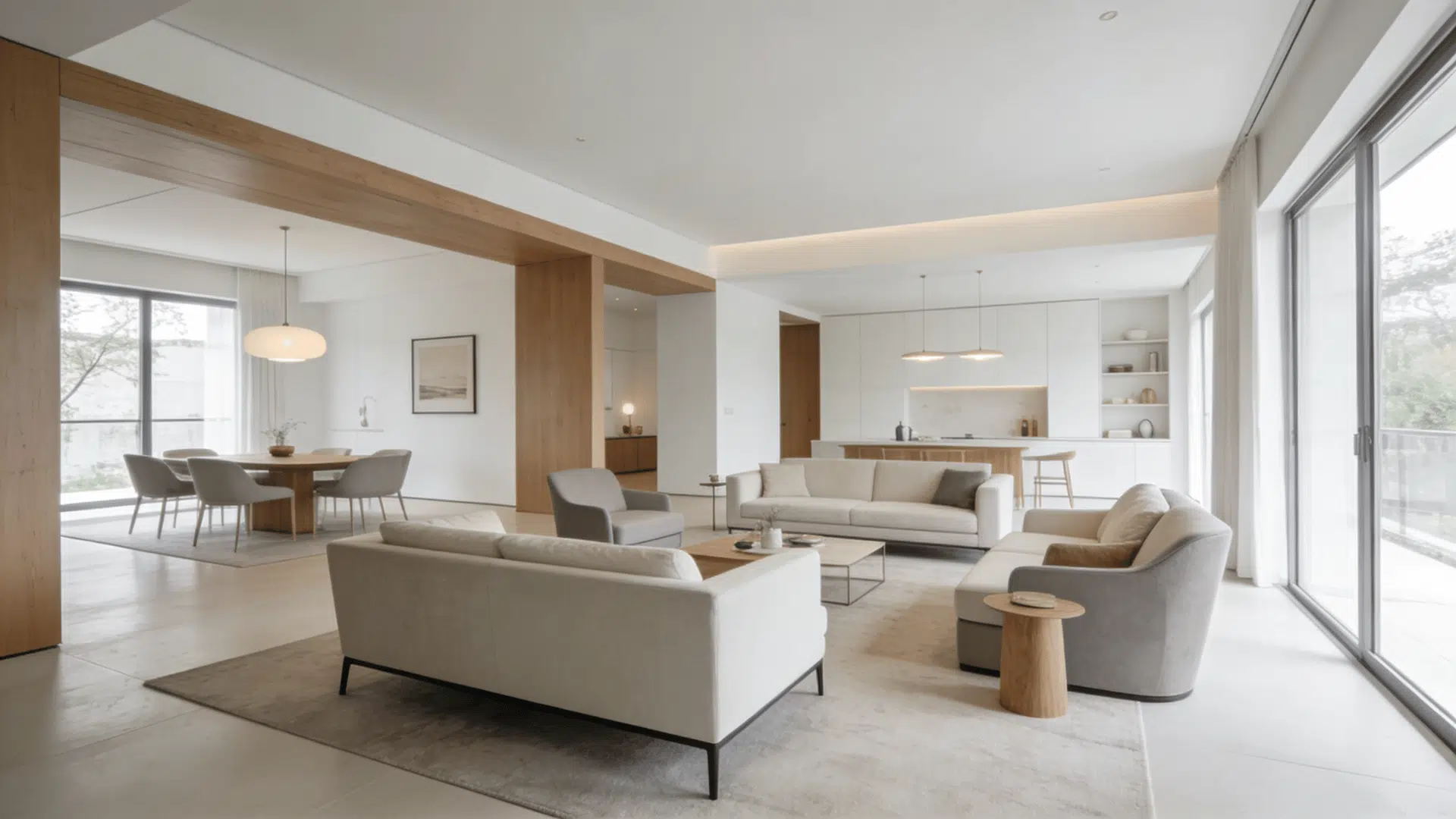 modern open drawing room with clean lines minimal decor streamlined furniture and bright natural light
