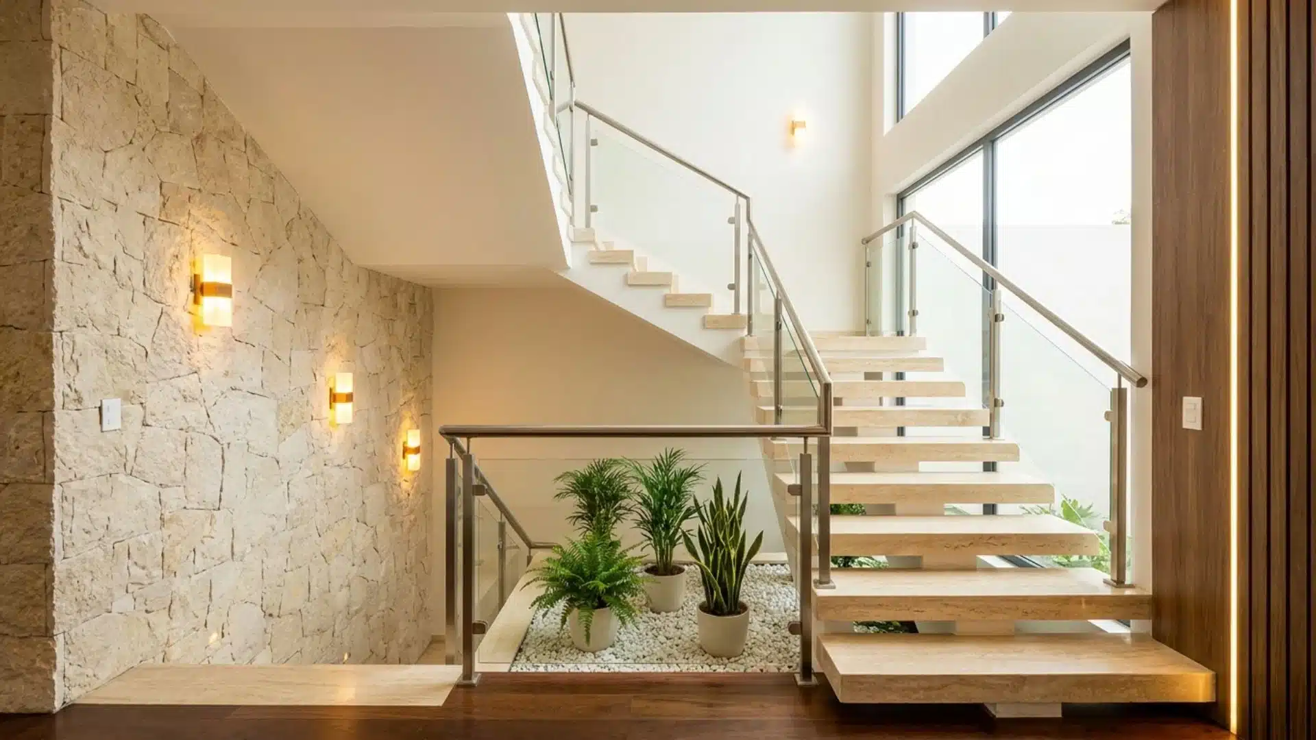 Modern open flight of stairs with glass railings and potted plants inside a bright luxury home interior (1)