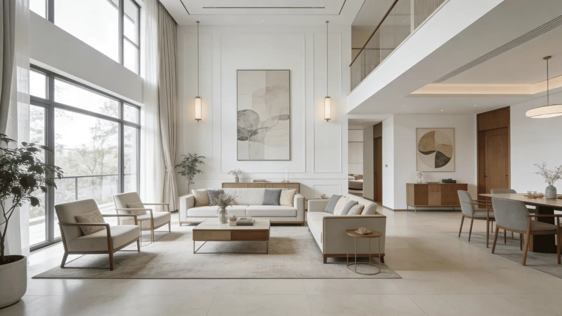 modern open plan living space blending formal seating area into casual lounge with light minimalist interior design