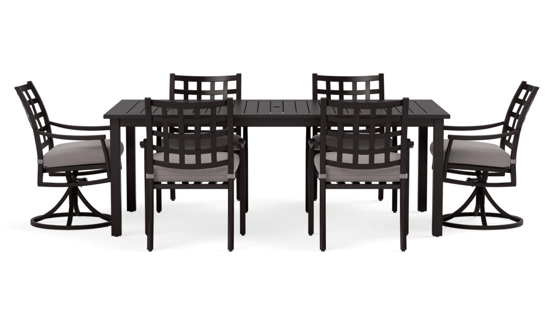 modern outdoor dining set with cushioned chairs and rectangular table on clean white background