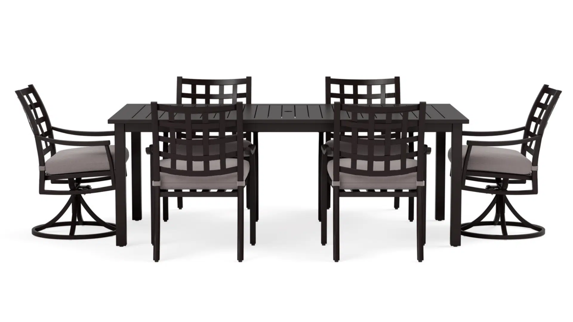 modern outdoor dining set with cushioned chairs and rectangular table on clean white background