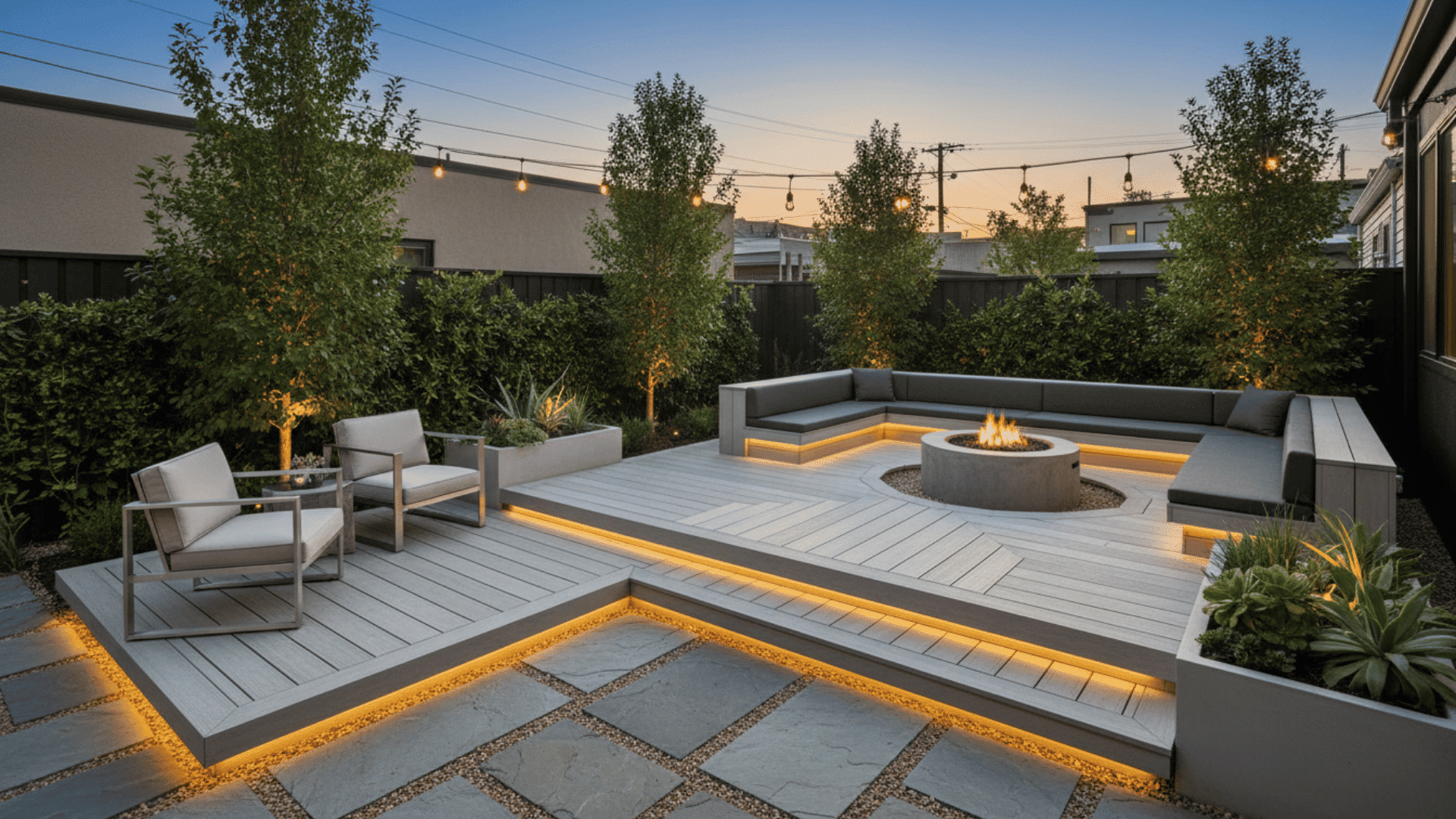 modern outdoor patio with gray sectional seating, fire pit, accent lighting, two lounge chairs, and surrounding greenery at dusk