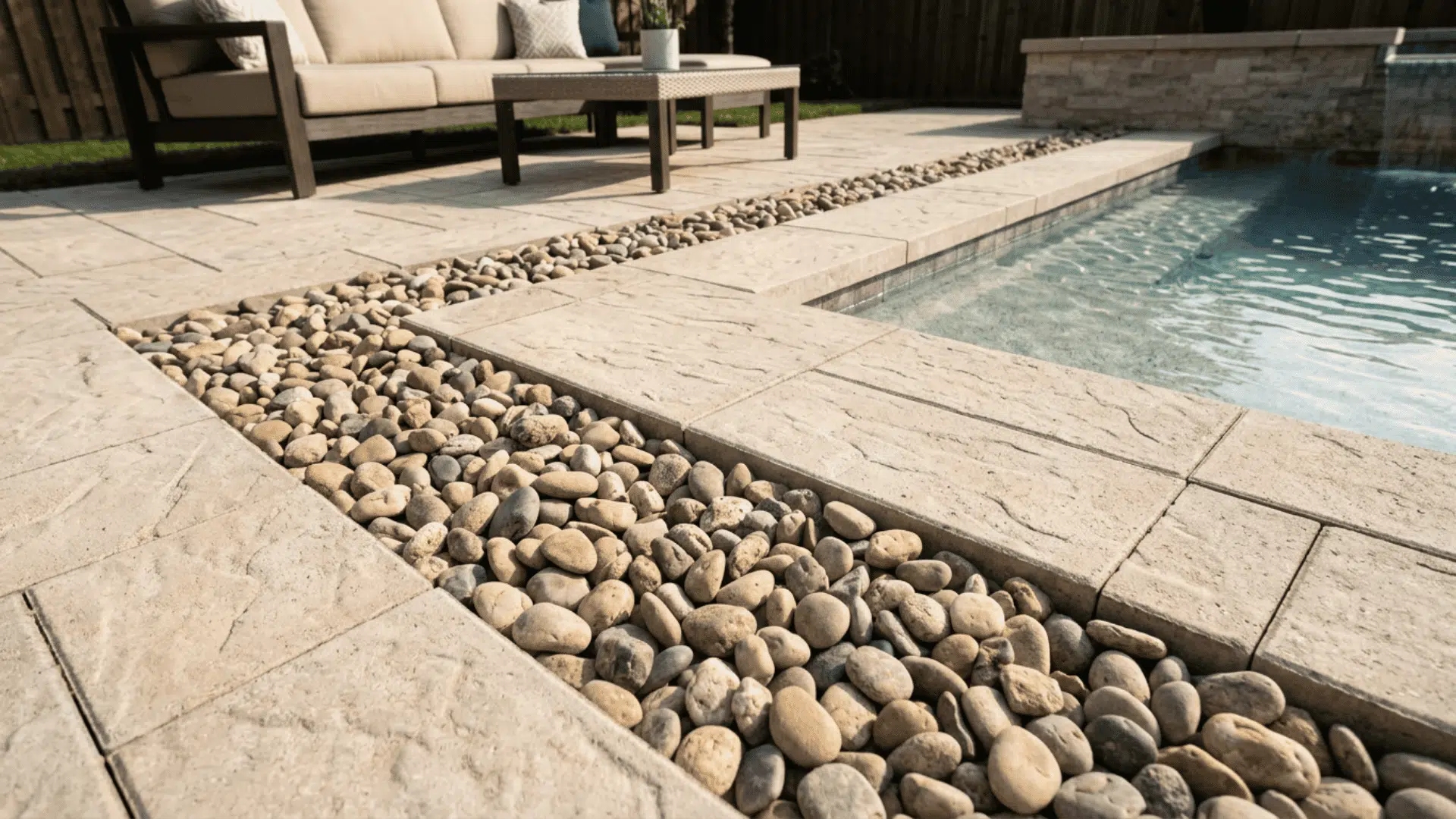 modern poolside patio with river rock drainage channel beside clear swimming pool and outdoor seating area