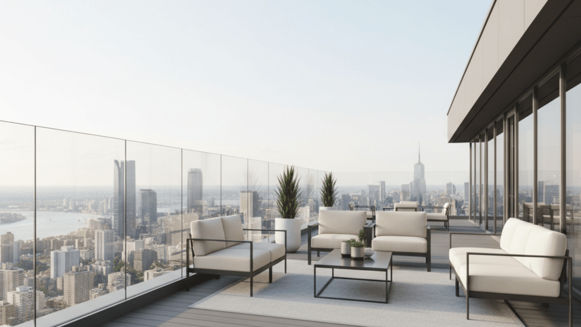 Modern rooftop deck with frameless glass panel railings.