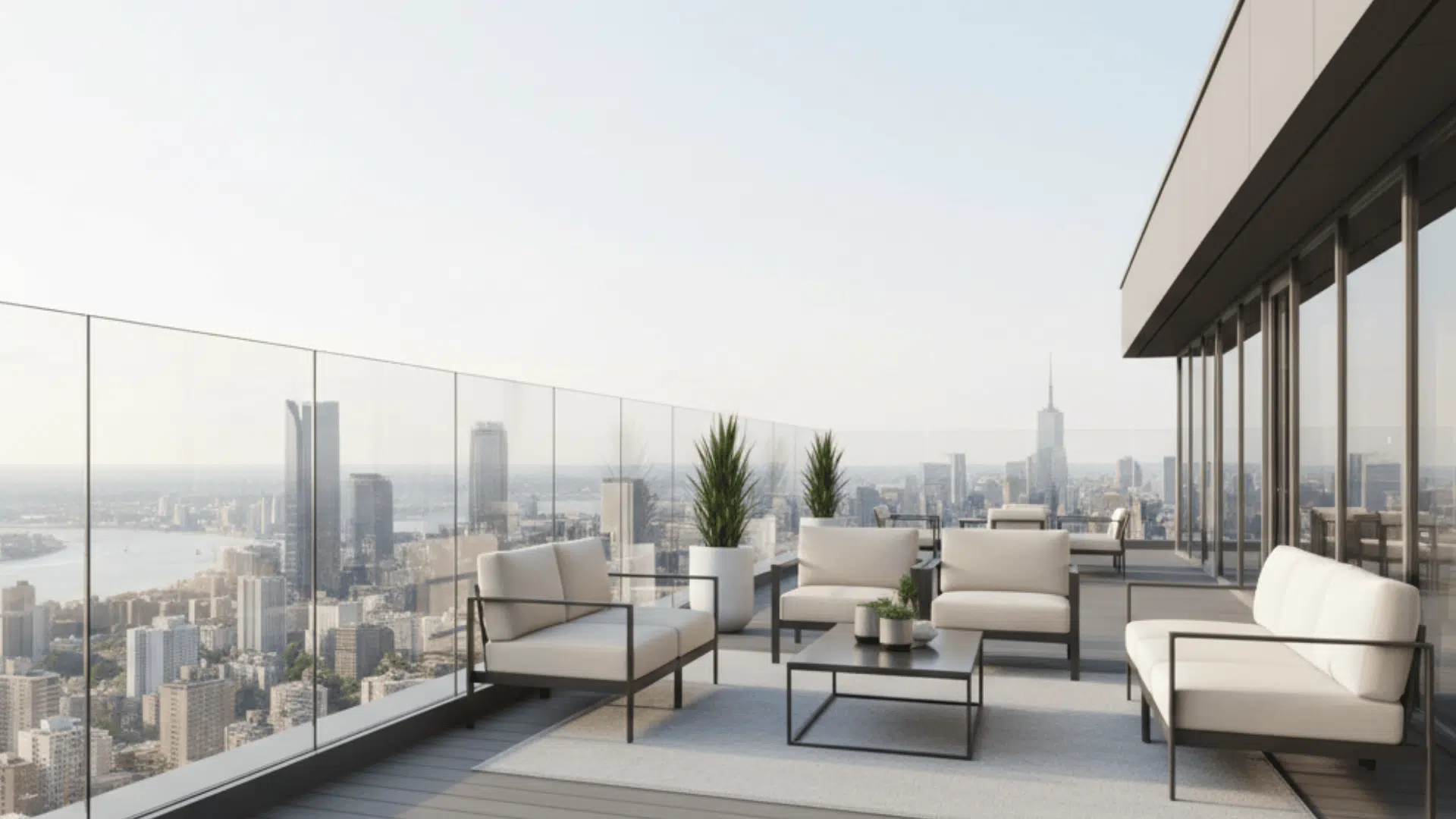 Modern rooftop deck with frameless glass panel railings.