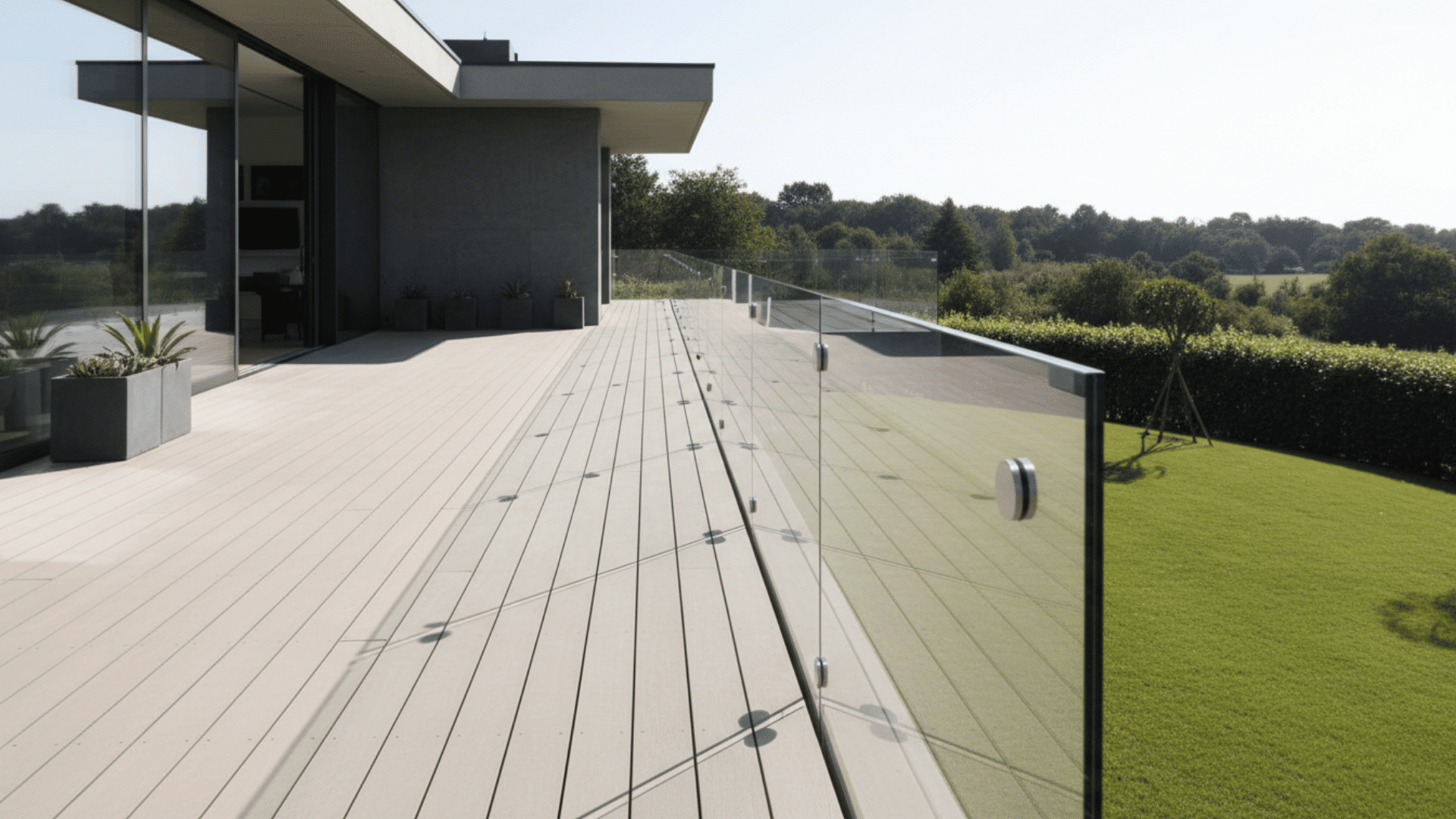 modern terrace with glass railing beside a sleek home overlooking a wide lawn and distant trees