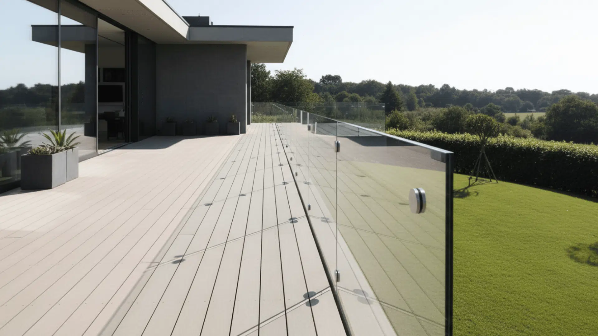 modern terrace with glass railing beside a sleek home overlooking a wide lawn and distant trees