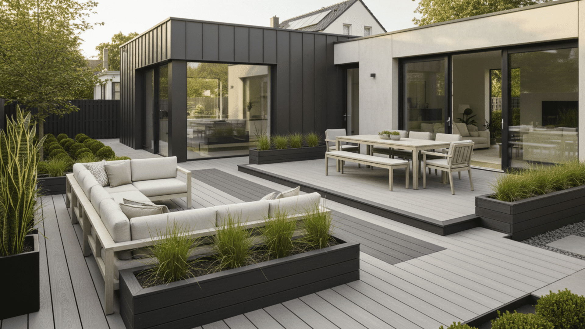 modern two tone composite deck with separate lounge and dining outdoor areas