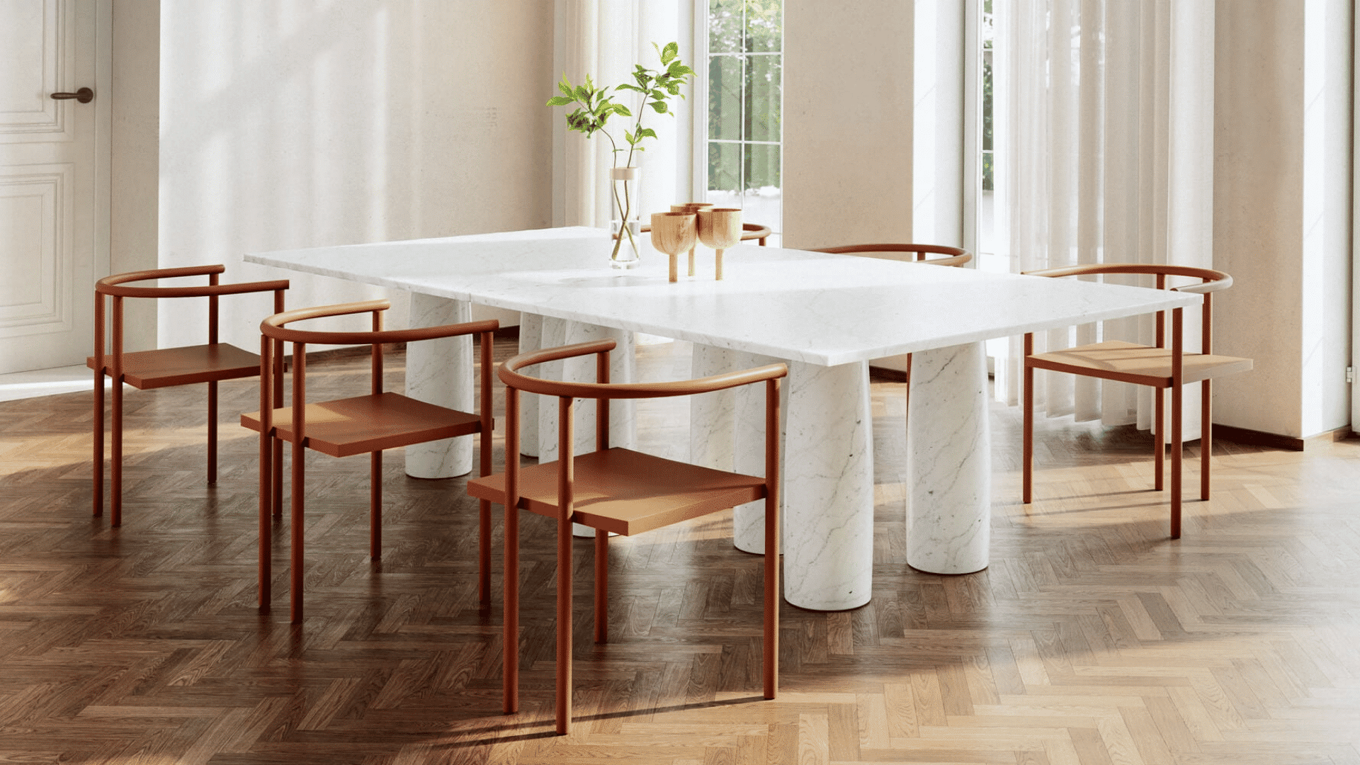 modern white dining table with curved wooden chairs placed in bright minimalist indoor dining room