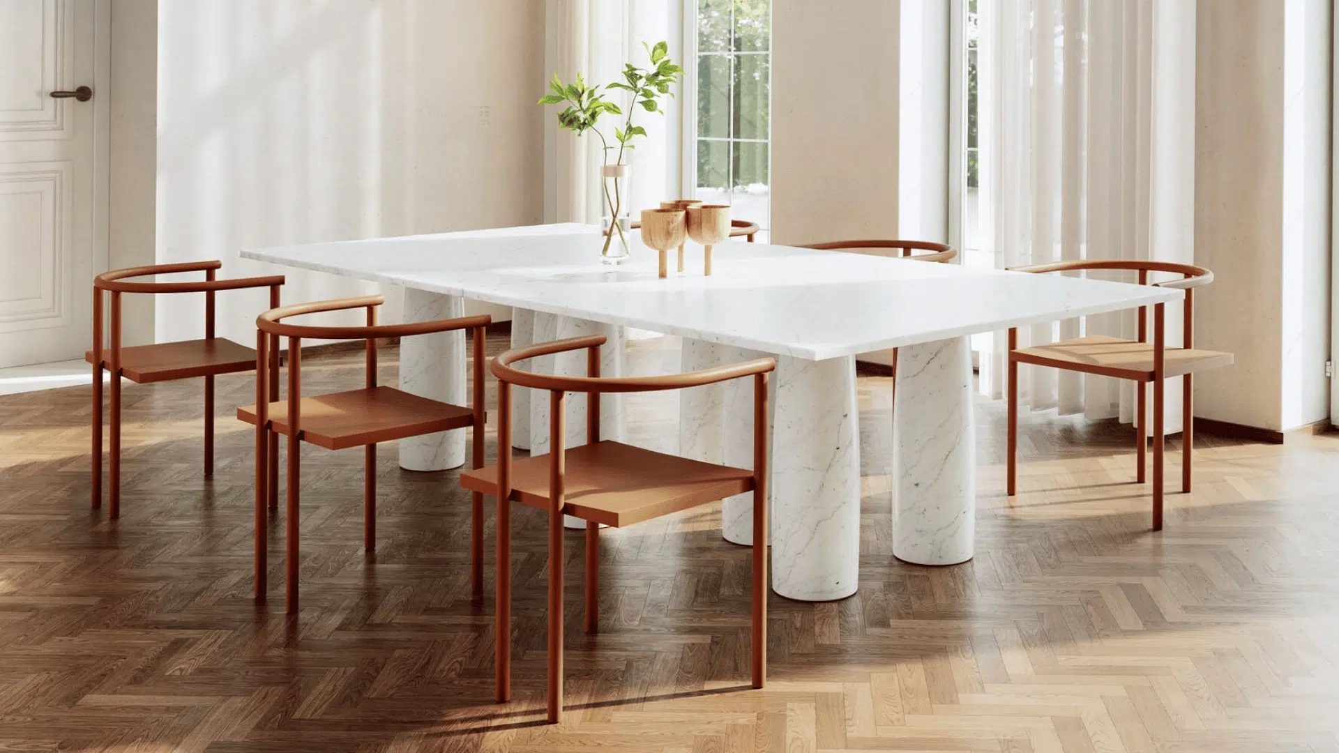 modern white dining table with curved wooden chairs placed in bright minimalist indoor dining room
