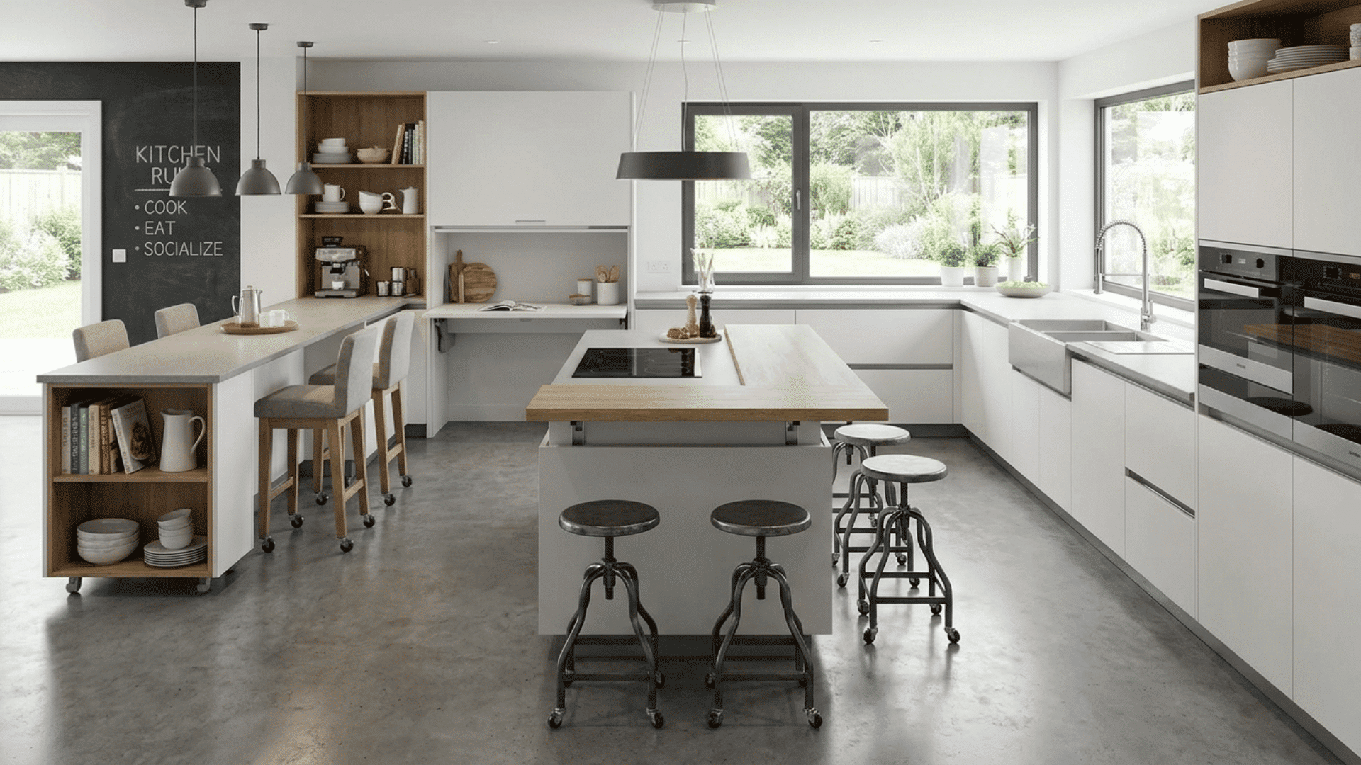 modern white kitchen with wooden countertops island seating large windows and open shelving in bright space