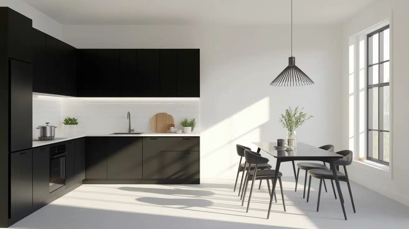 Modern black and white kitchen with island sink, built-in stove, wide realistic interior shot