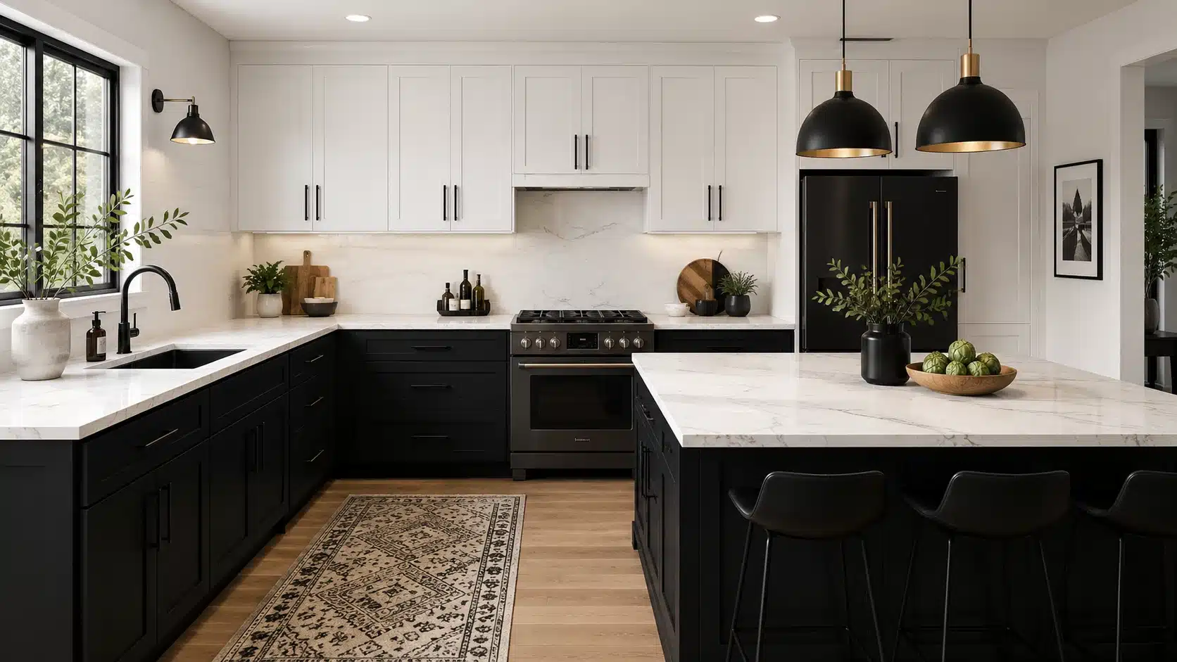Modern black and white kitchen with white upper cabinets, black lower cabinets, marble island, and matte black lighting