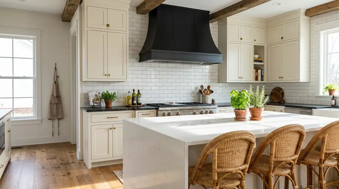 Modern farmhouse kitchen with a bold black range hood, white subway tiles, and warm natural light