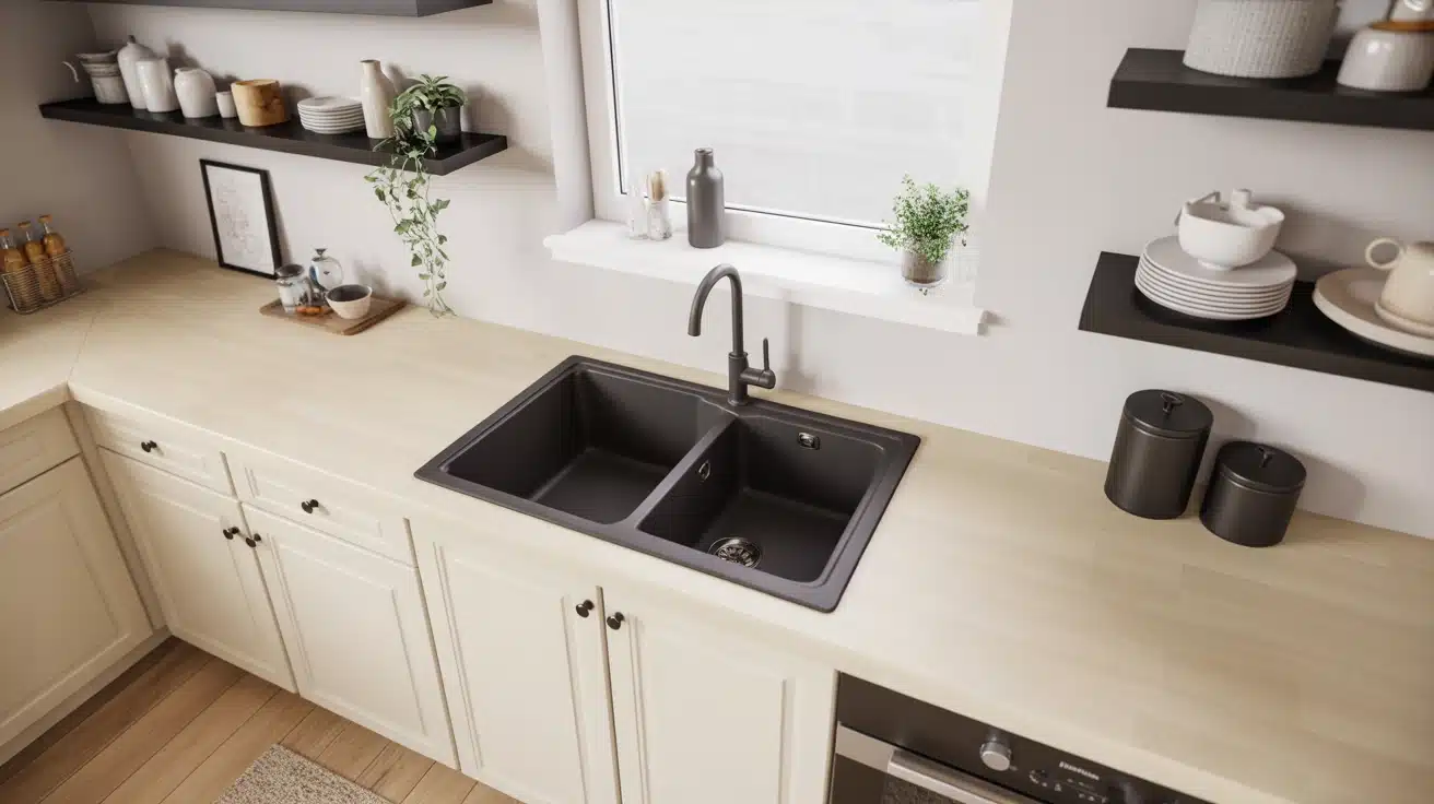 Modern kitchen featuring alternating black and white open shelving above a single sink
