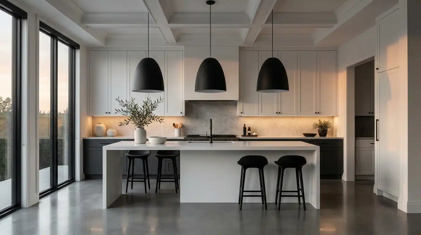 Modern monochrome kitchen with oversized black pendant lights, white island, and dramatic sunset lighting