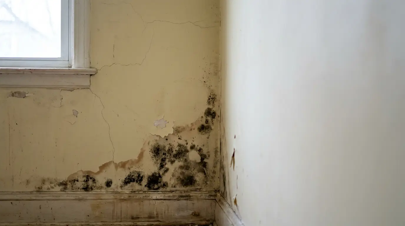 Cracked wall with mold and peeling paint in dimly lit room corner