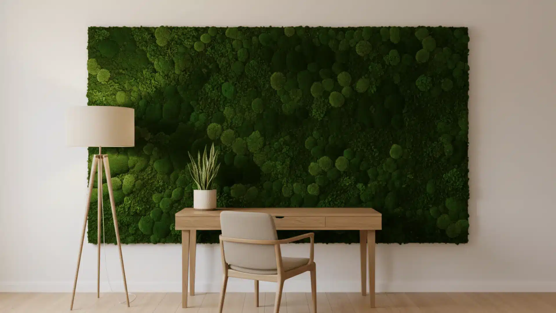 minimal home office with wood desk pale chair tall floor lamp potted snake plant and a large green moss wall