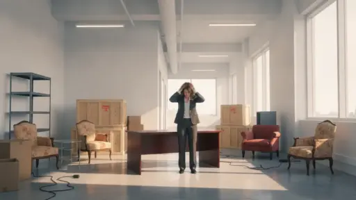 Person in business attire looking stressed in cluttered office with packing boxes and chairs