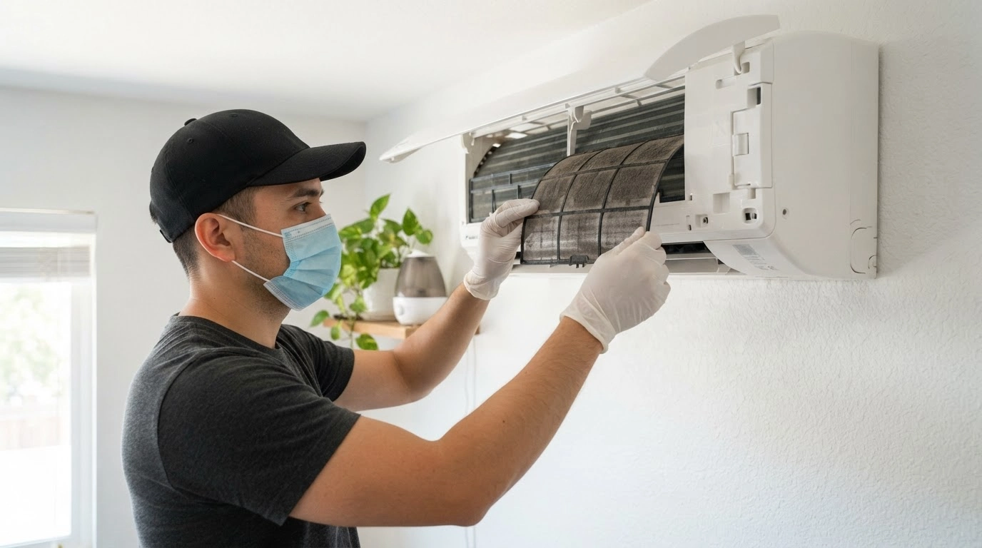 technician wearing mask and gloves removes dirty air conditioner filter