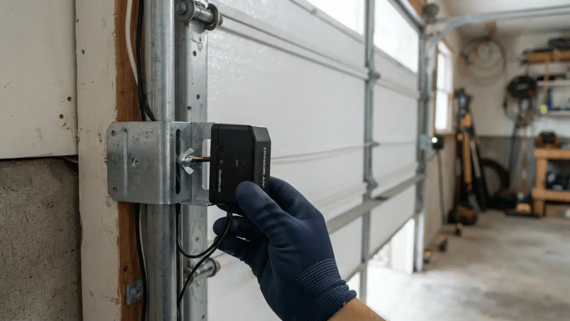 a gloved hand holds a black garage door sensor on a metal bracket beside the door track and wiring