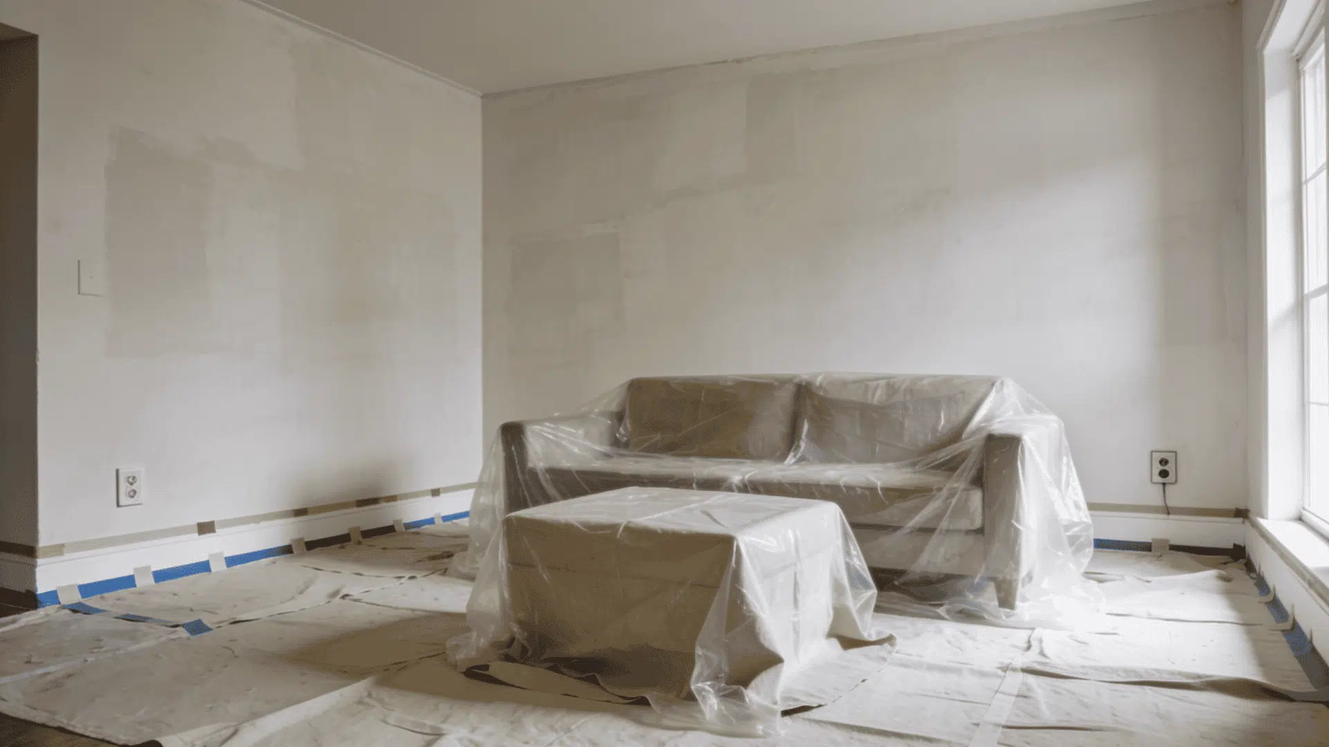 furniture moved to the center of a room and covered before painting the walls
