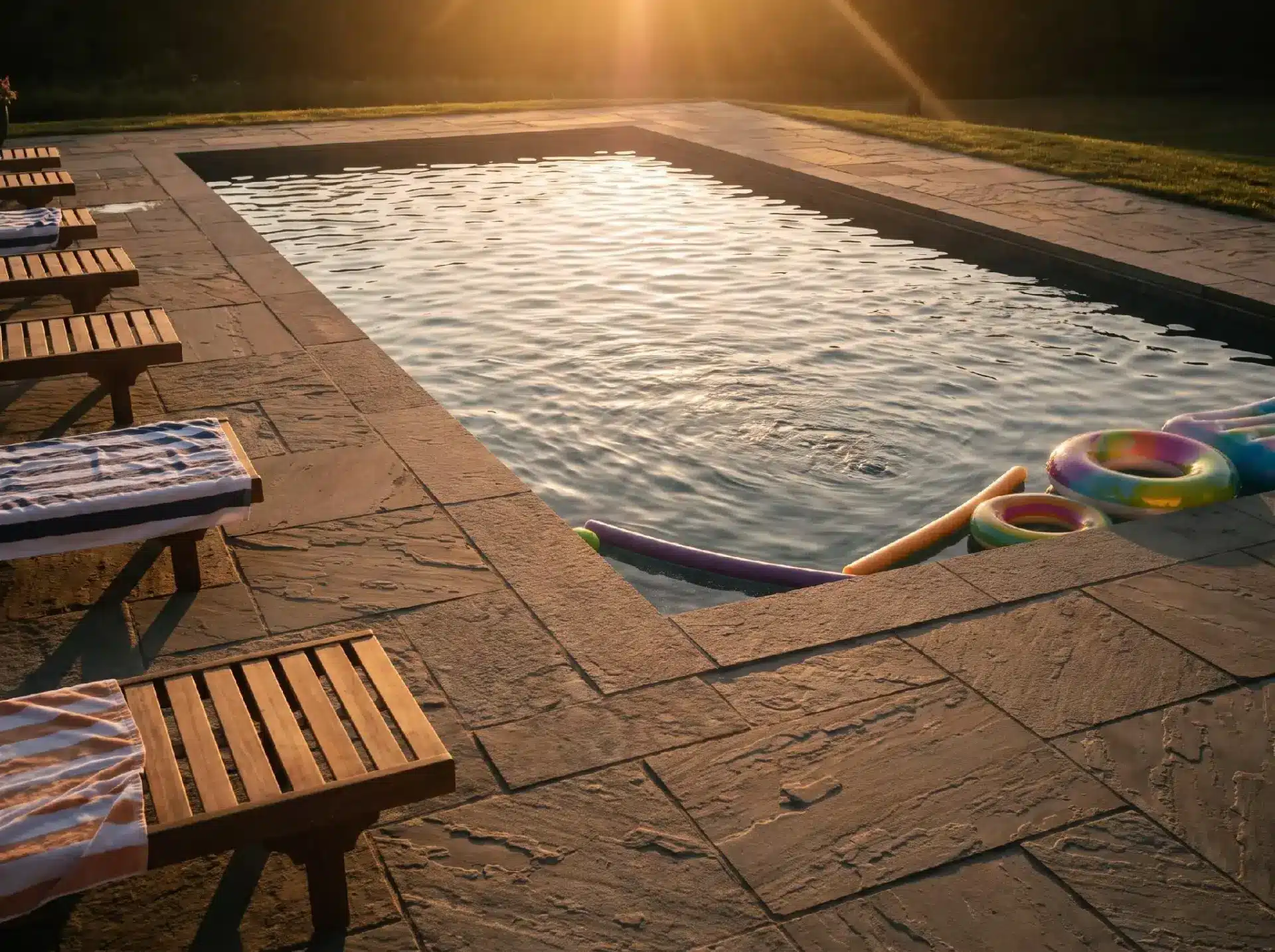 Outdoor swimming pool with wooden loungers and colorful floats at sunset