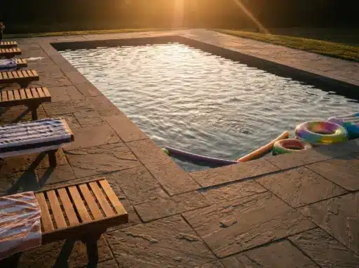 Outdoor swimming pool with wooden loungers and colorful floats at sunset