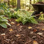 mulched garden bed with green hostas and ferns beside a wheelbarrow filled with mulch in a sunlit backyard garden