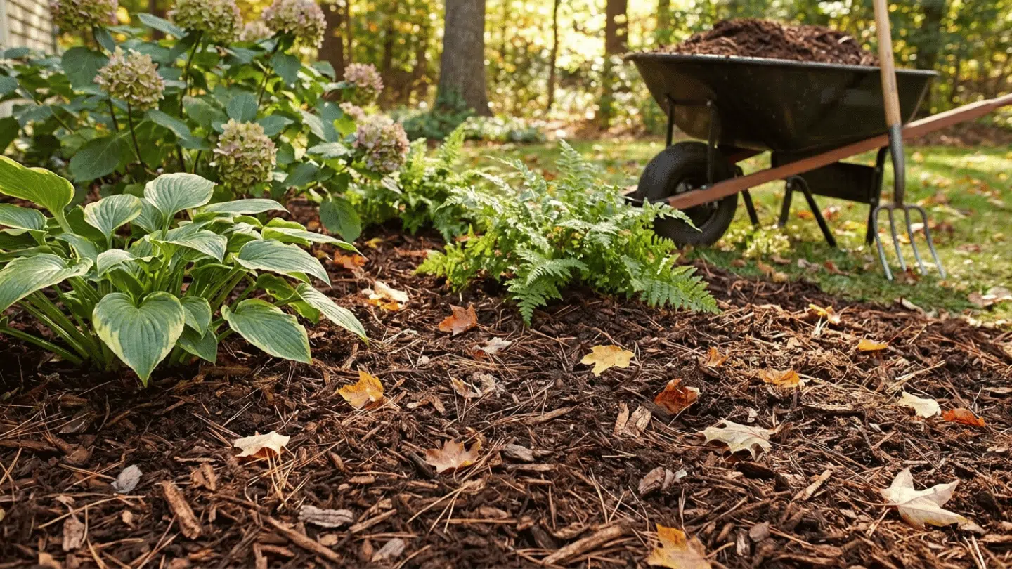 mulched garden bed with green hostas and ferns beside a wheelbarrow filled with mulch in a sunlit backyard garden