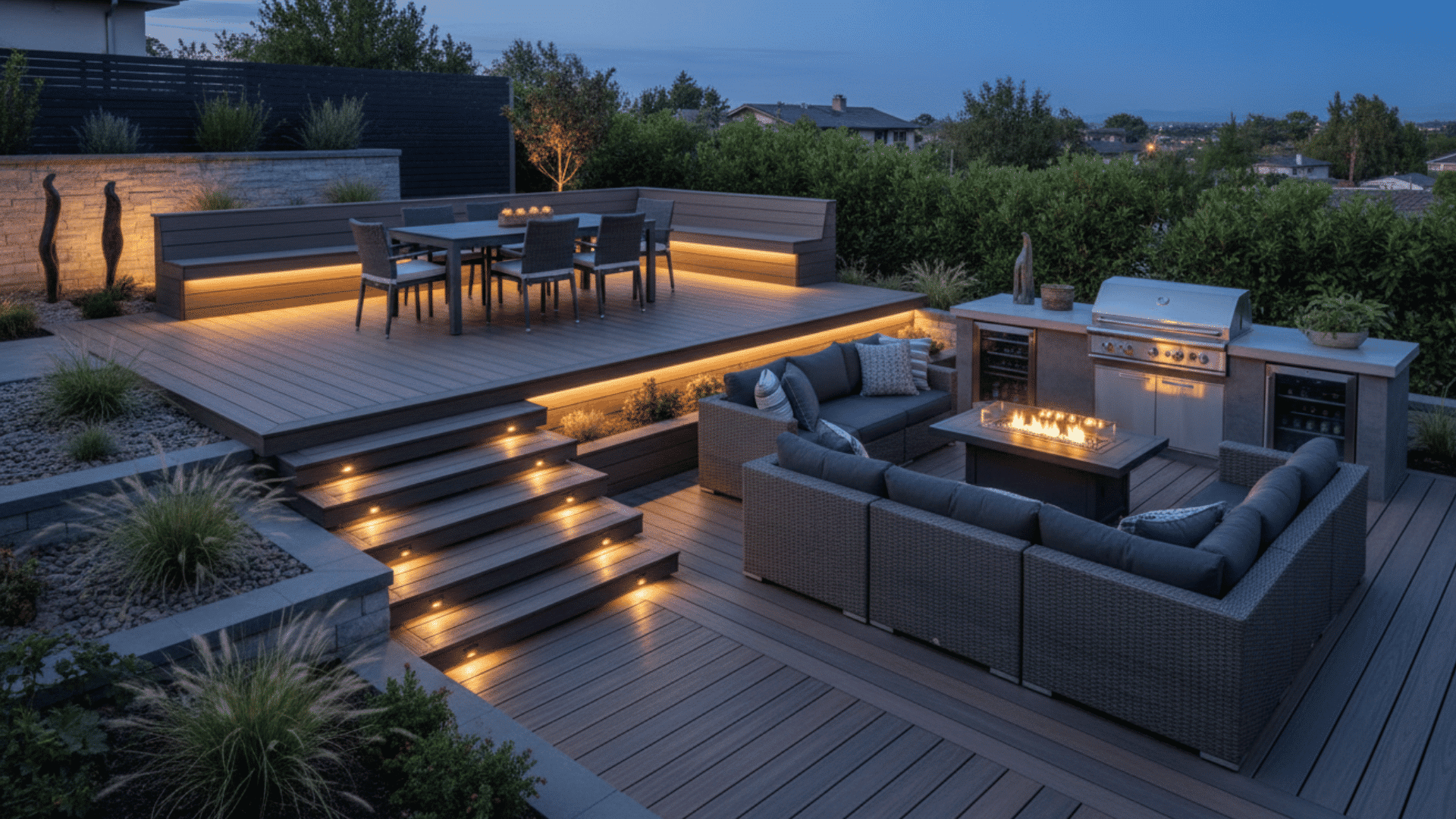 multi level composite deck with stair lighting dining zone and lounge space