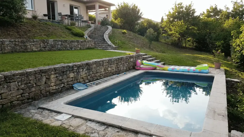 small pool built into the lowest tier of a terraced sloped backyard
