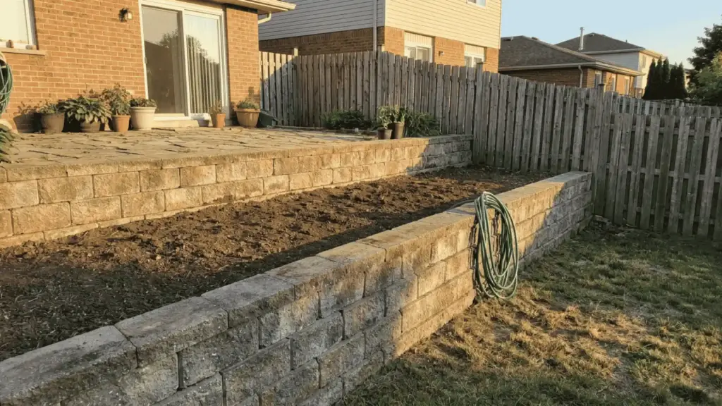 backyard terraced into three level tiers with stacked concrete retaining walls